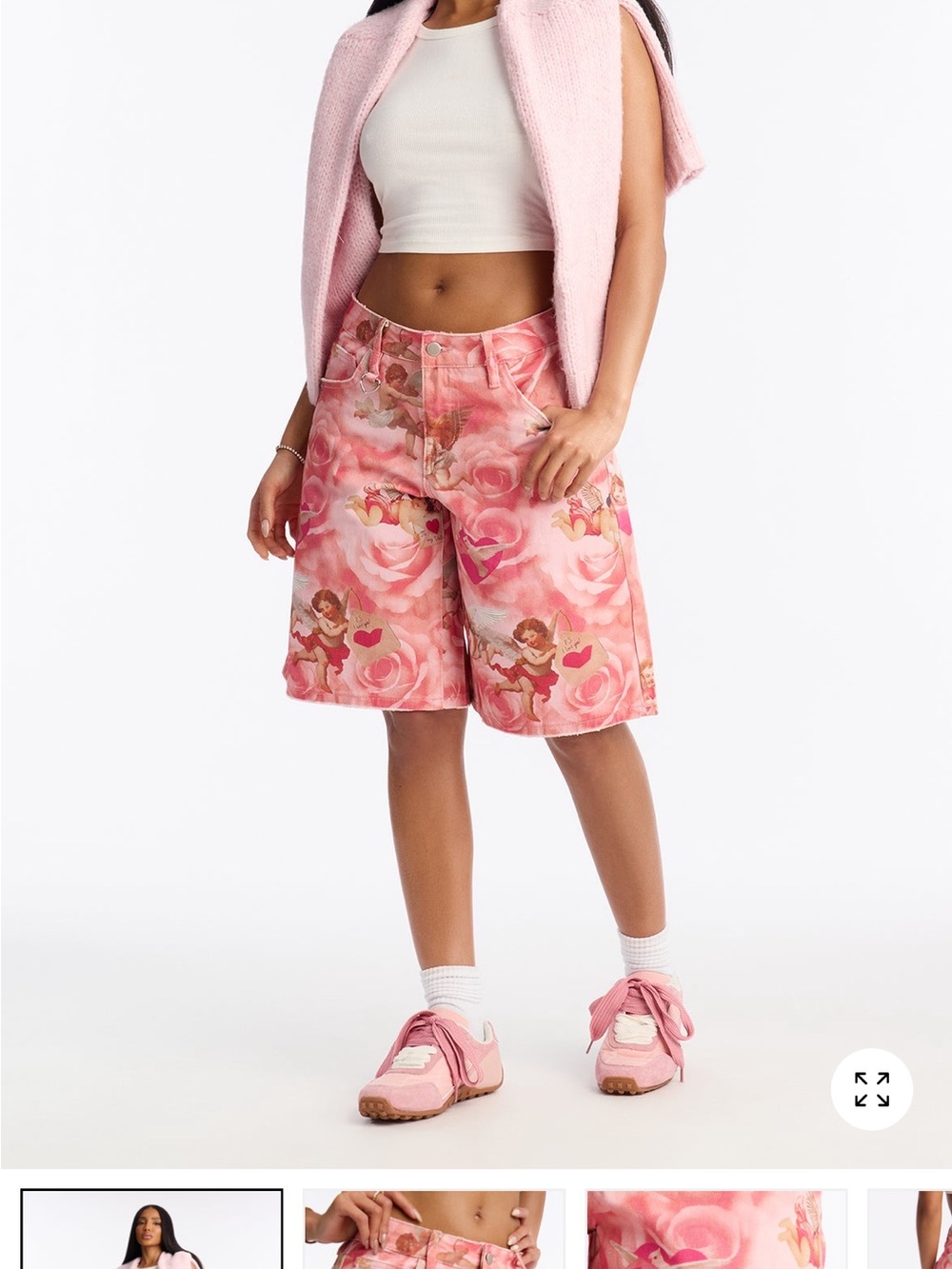 Fashion Nova Pink Rose & Cherub Print Bermuda Shorts
